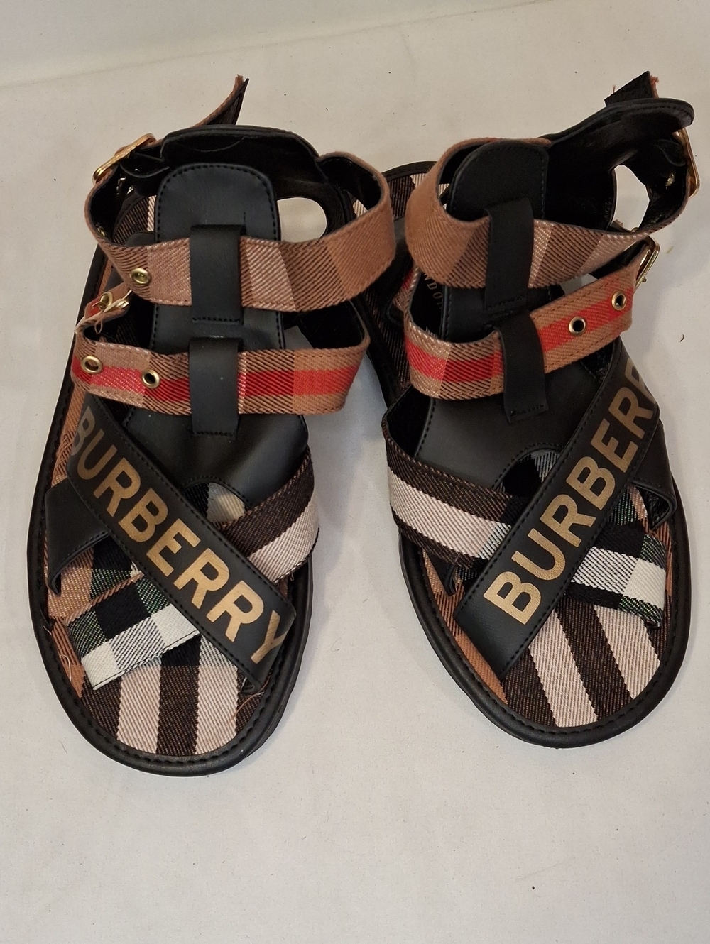 Burberry London Multicolor Plaid Women's Sandals with Logo Straps And Buckles